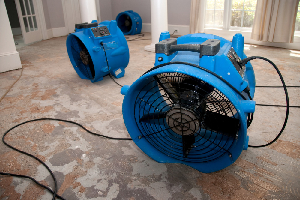 A wood floor being dried by multiple units as part of Redlands flood cleanup emergency services.