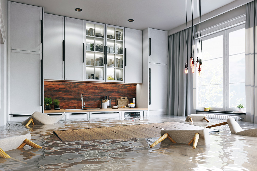 Flooded kitchen in need of Bryn Mawr water damage restoration services.